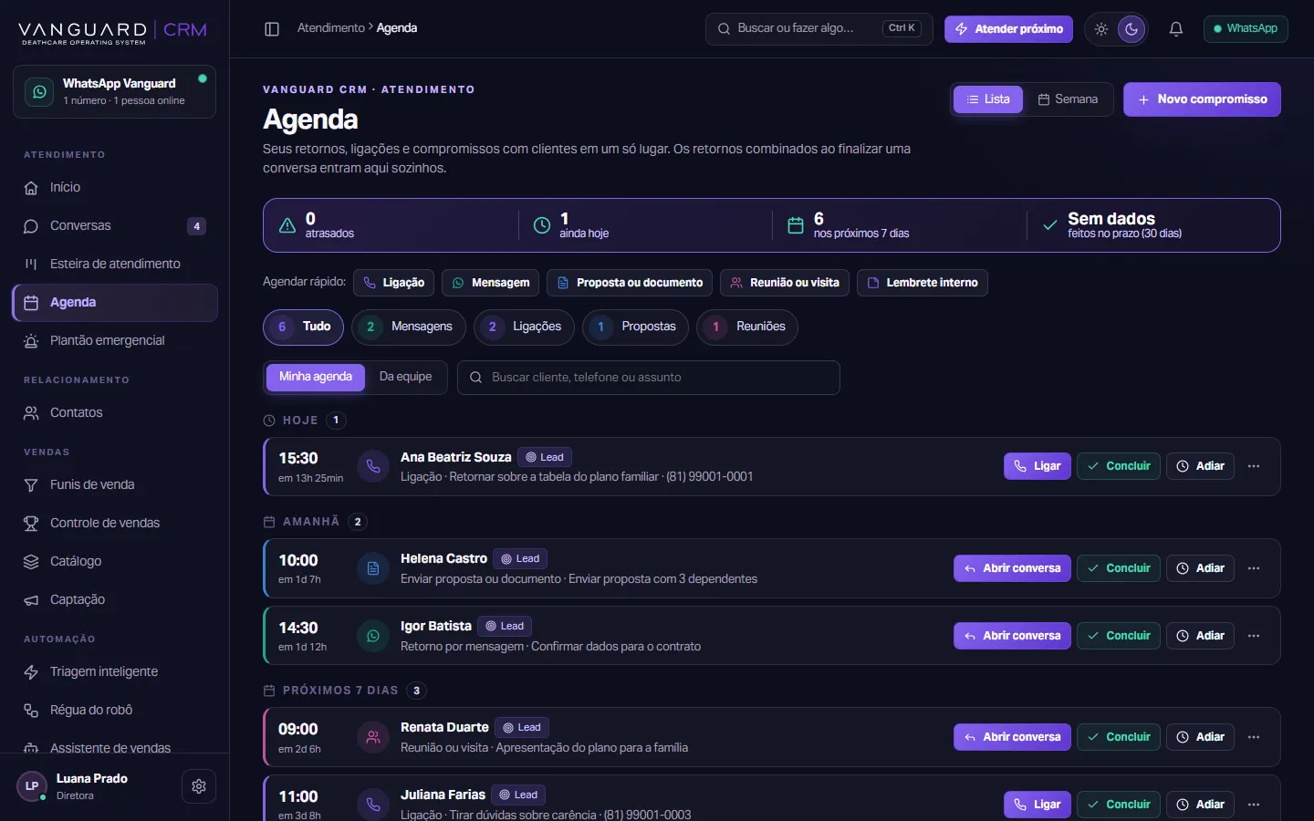 Agenda de retornos do Vanguard CRM com as ligações, propostas e reuniões de hoje, de amanhã e dos próximos dias