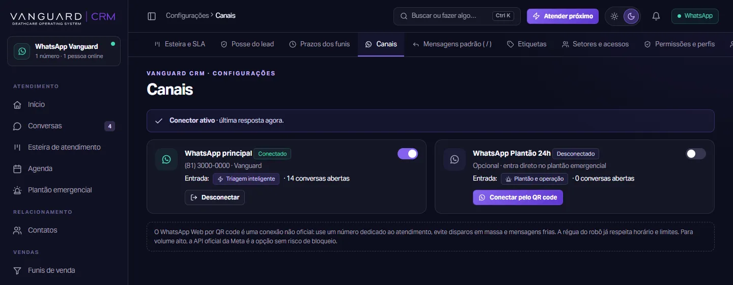 Configurações de canais do Vanguard CRM com o WhatsApp principal conectado e o botão para conectar outro número pelo QR code